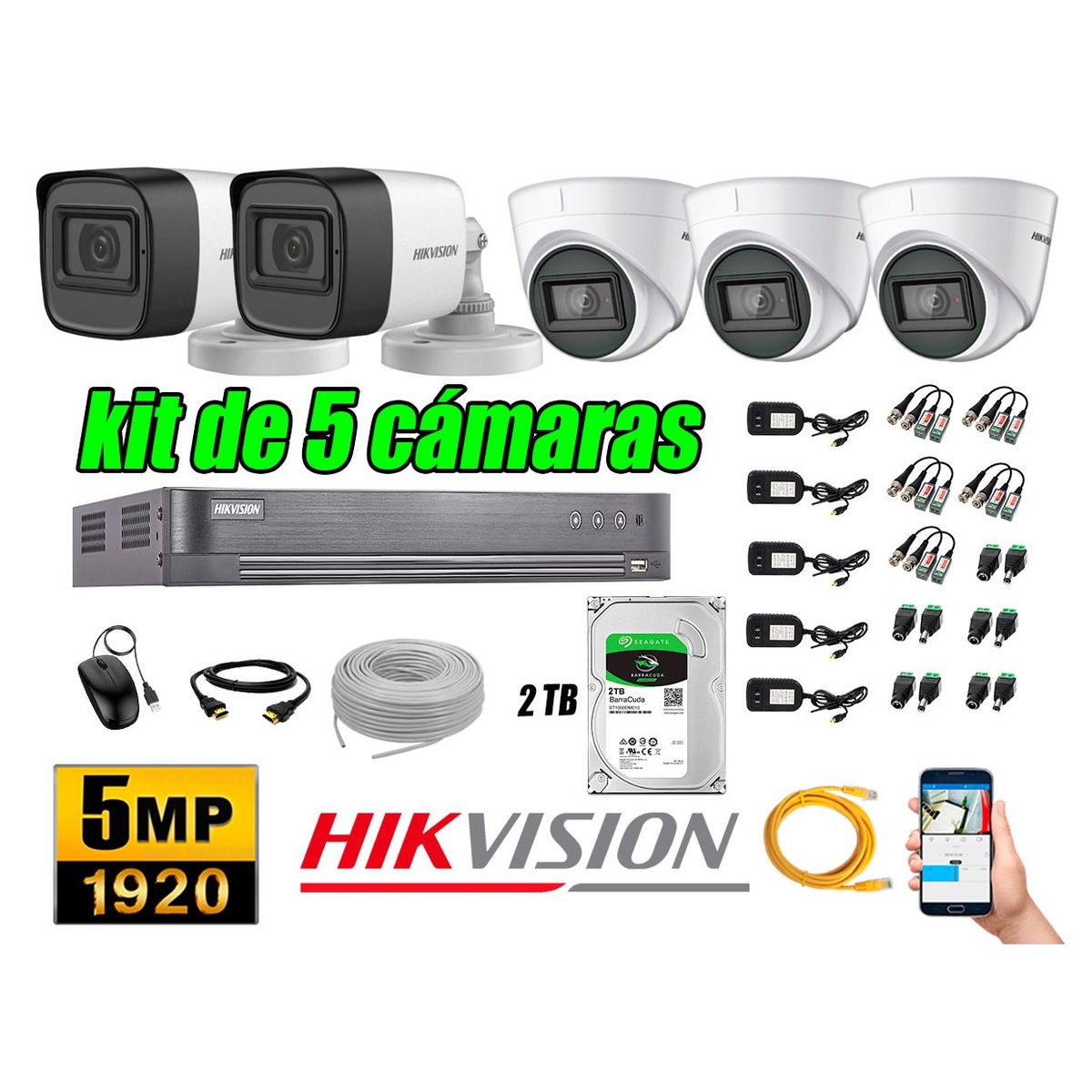 HIKVISION - Cámaras de Seguridad Kit 5 5MP + Disco 2TB CCTV Completo