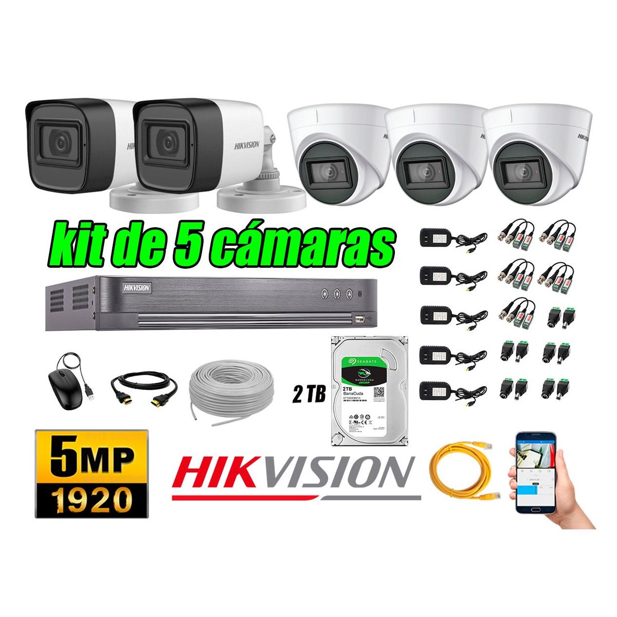 HIKVISION - Cámaras de Seguridad Kit 5 5MP + Disco 2TB CCTV Completo
