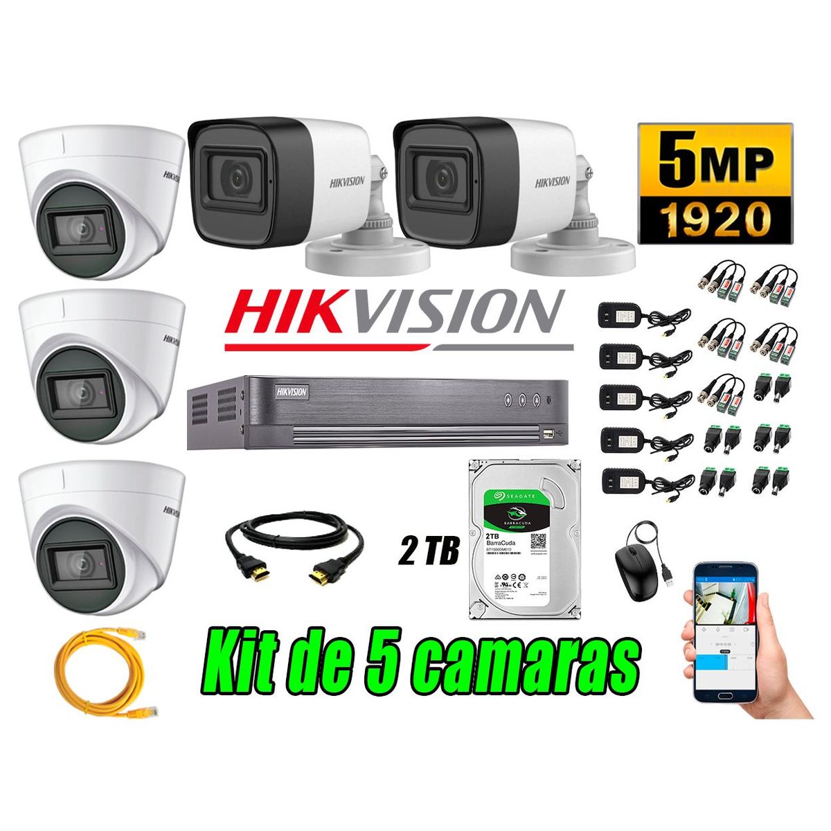 Cámaras de Seguridad Kit 5 5MP + Disco 2TB CCTV P2P, marca HIKVISION - Foto Principal