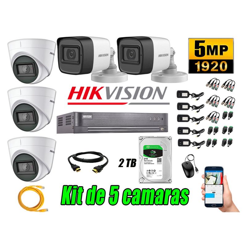 HIKVISION - Cámaras de Seguridad Kit 5 5MP + Disco 2TB CCTV P2P