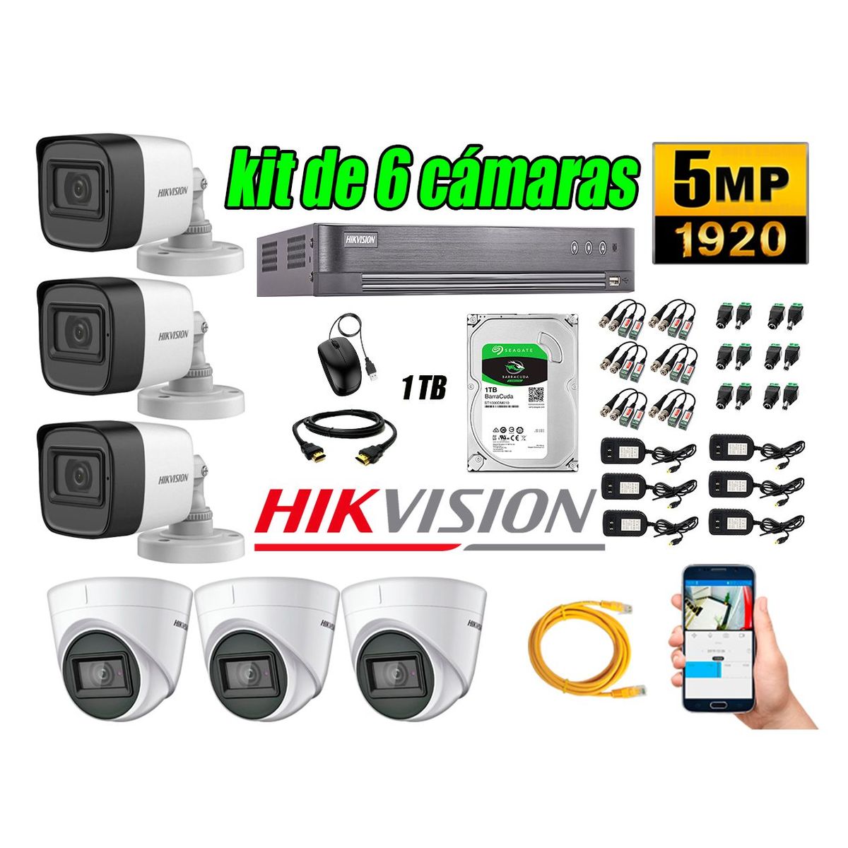 HIKVISION - Cámaras de Seguridad Kit 6 5MP + Disco 1TB CCTV P2P