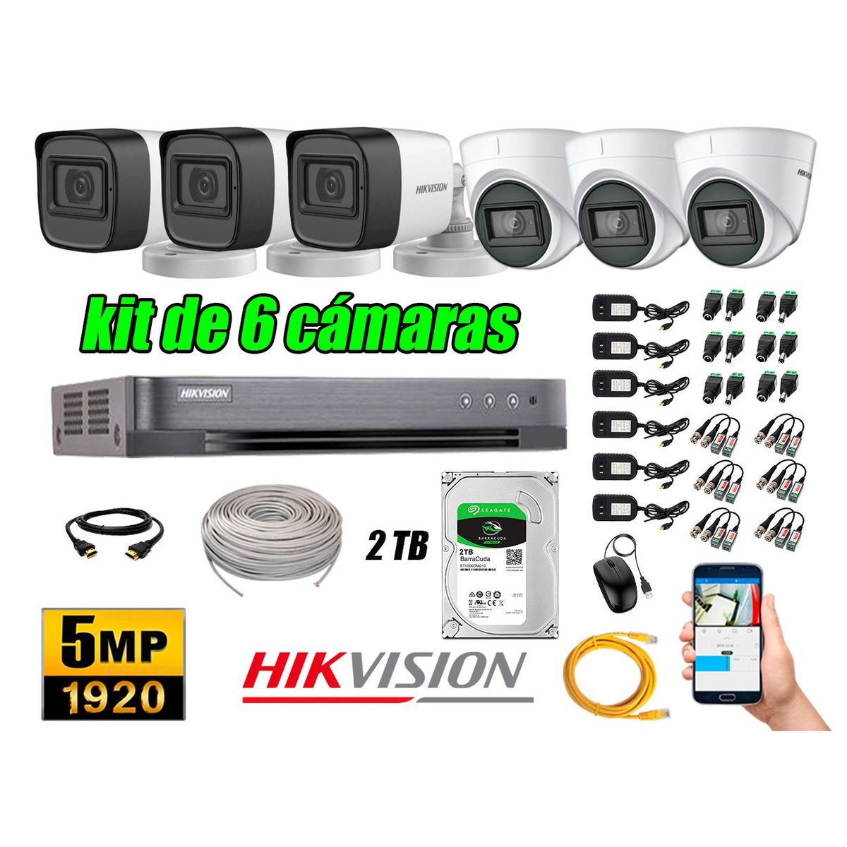 HIKVISION - Cámaras de Seguridad Kit 6 5MP + Disco 2TB CCTV Completo