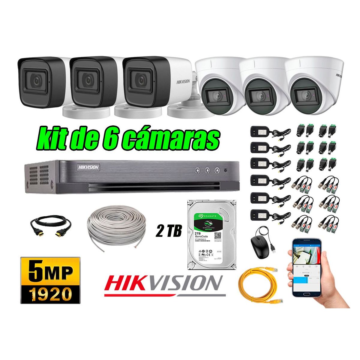 HIKVISION - Cámaras de Seguridad Kit 6 5MP + Disco 2TB CCTV Completo