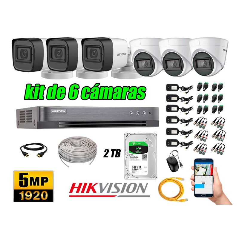 HIKVISION - Cámaras de Seguridad Kit 6 5MP + Disco 2TB CCTV Completo