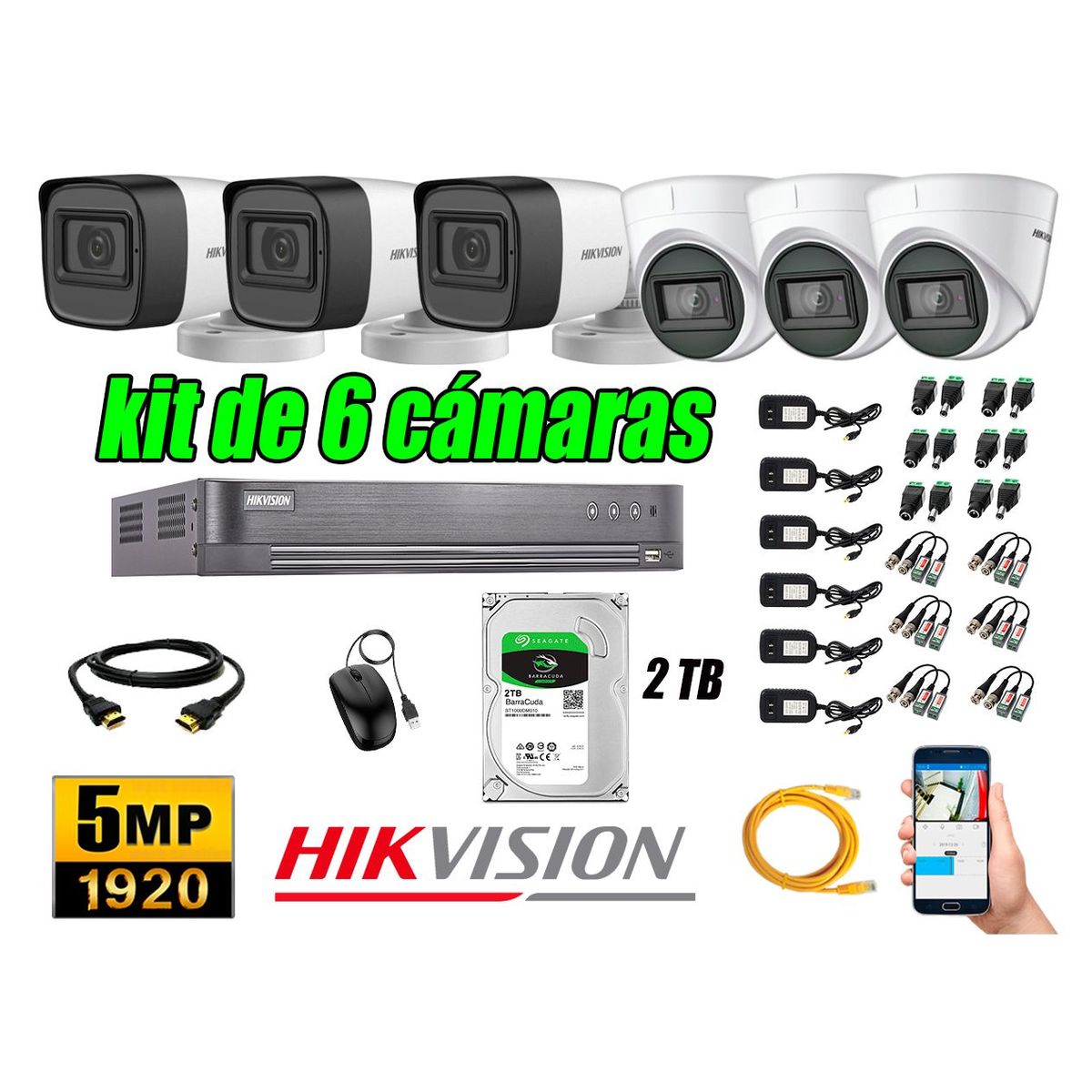 HIKVISION - Cámaras de Seguridad Kit 6 5MP + Disco 2TB CCTV P2P