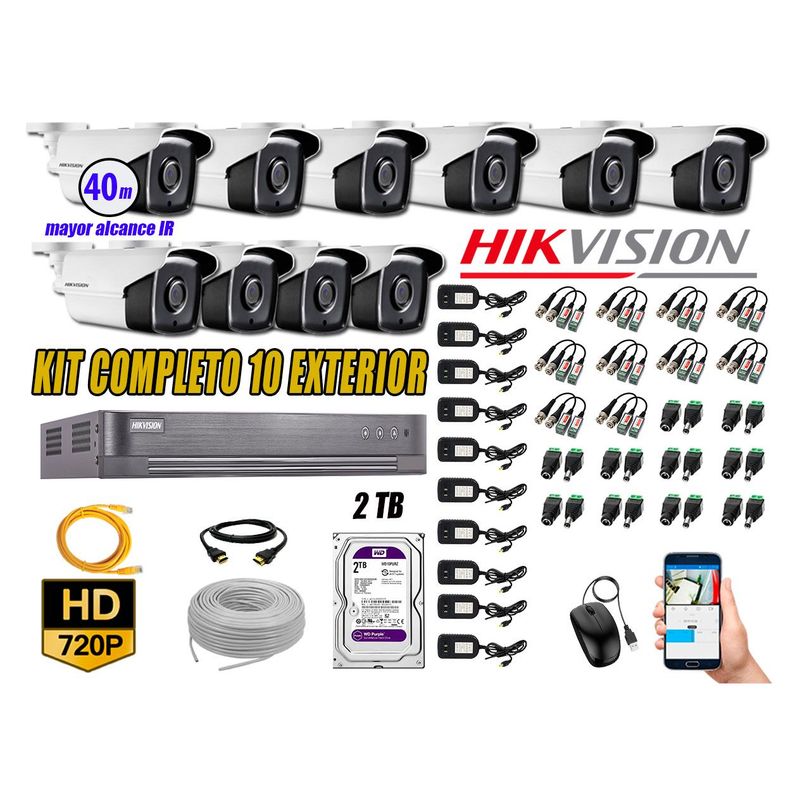 HIKVISION - Cámaras de Seguridad Exterior It3F Kit 10 HD 720P + Disco 2TB WD CCTV P2P KIT10-HD-IT-F155