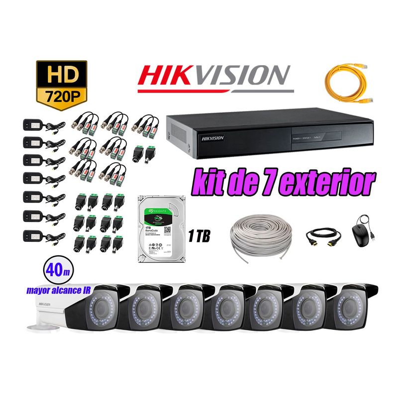 HIKVISION - Cámaras de Seguridad Exterior Varifocal Kit 7 HD 720P + Disco 1TB WD CCTV P2P