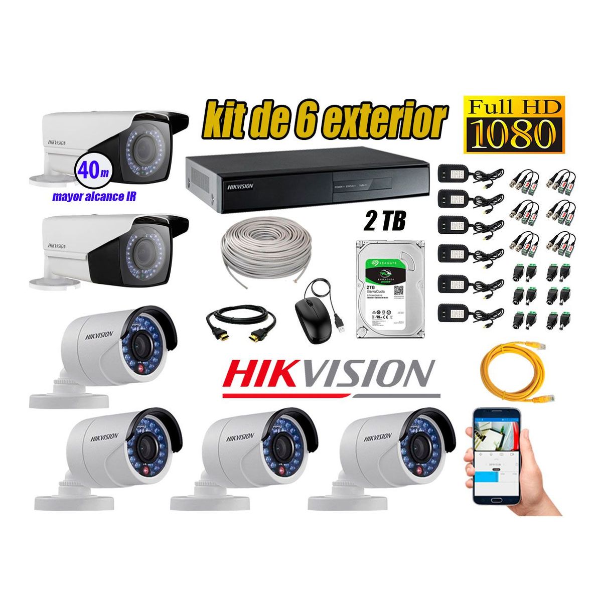 HIKVISION - Cámaras de Seguridad Exterior Varifocal Kit 6 Full HD 1080P + Disco 2TB WD CCTV P2P KIT06-FHD