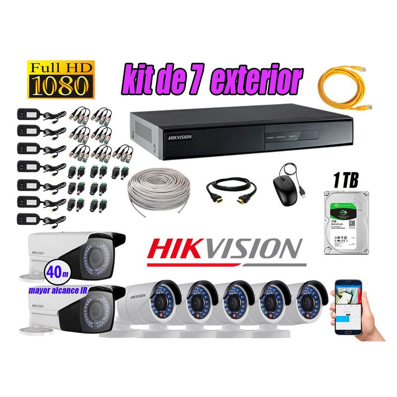 HIKVISION - Cámaras de Seguridad Exterior Varifocal Kit 7 Full HD 1080P + Disco 1TB WD CCTV KIT07-FHD-V2-F104