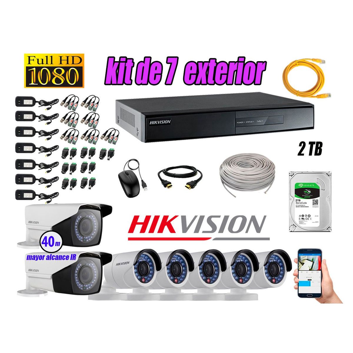 HIKVISION - Cámaras de Seguridad Exterior Varifocal Kit 7 Full HD 1080P + Disco 2TB WD CCTV P2P KIT07-FHD