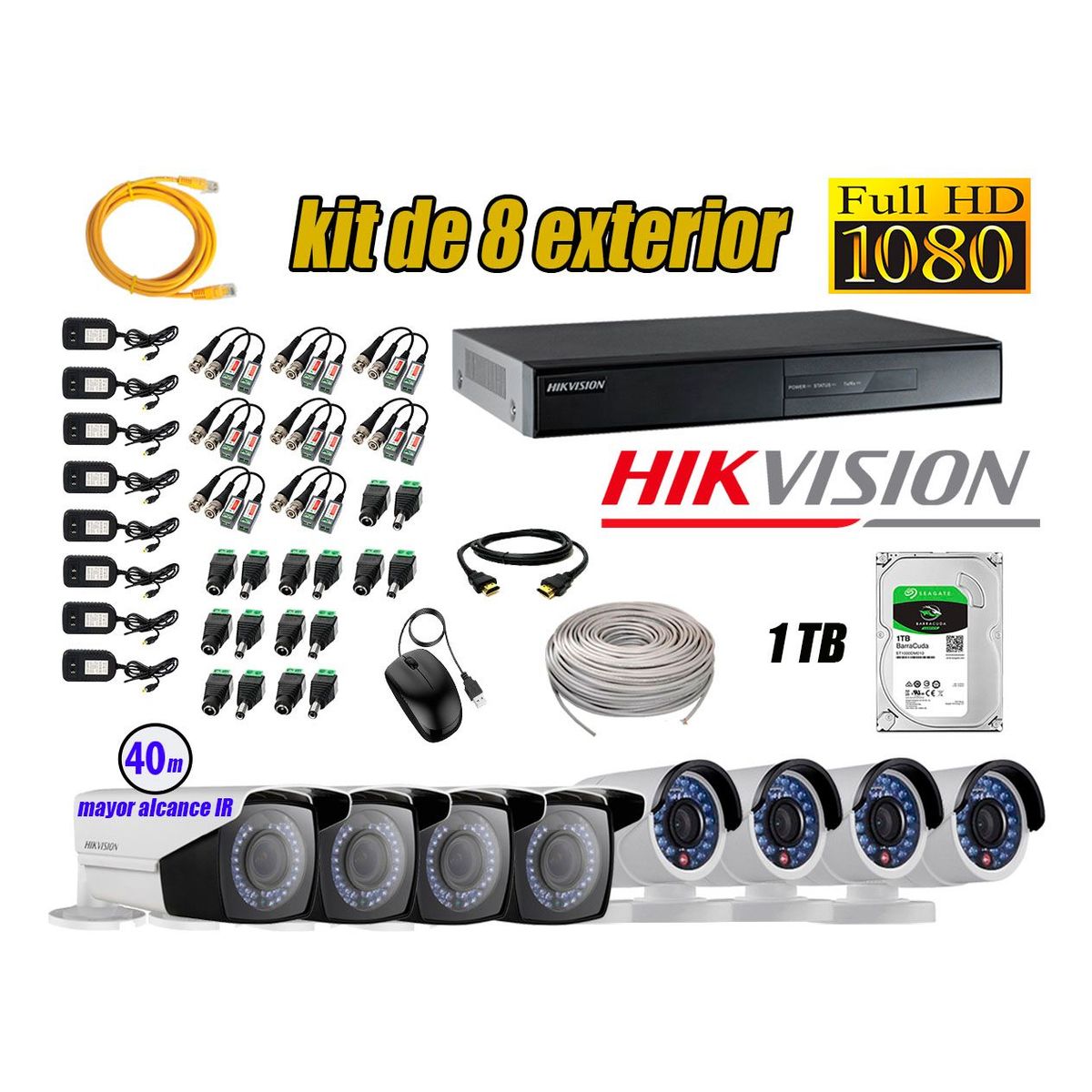 HIKVISION - Cámaras de Seguridad Exterior Varifocal Kit 8 Full HD 1080P + Disco 1TB WD CCTV KIT08-FHD-V2-F106