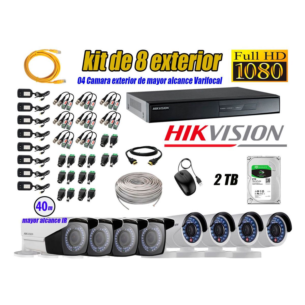 HIKVISION - Cámaras de Seguridad Exterior Varifocal Kit 8 Full HD 1080P + Disco 2TB WD CCTV P2P KIT08-FHD