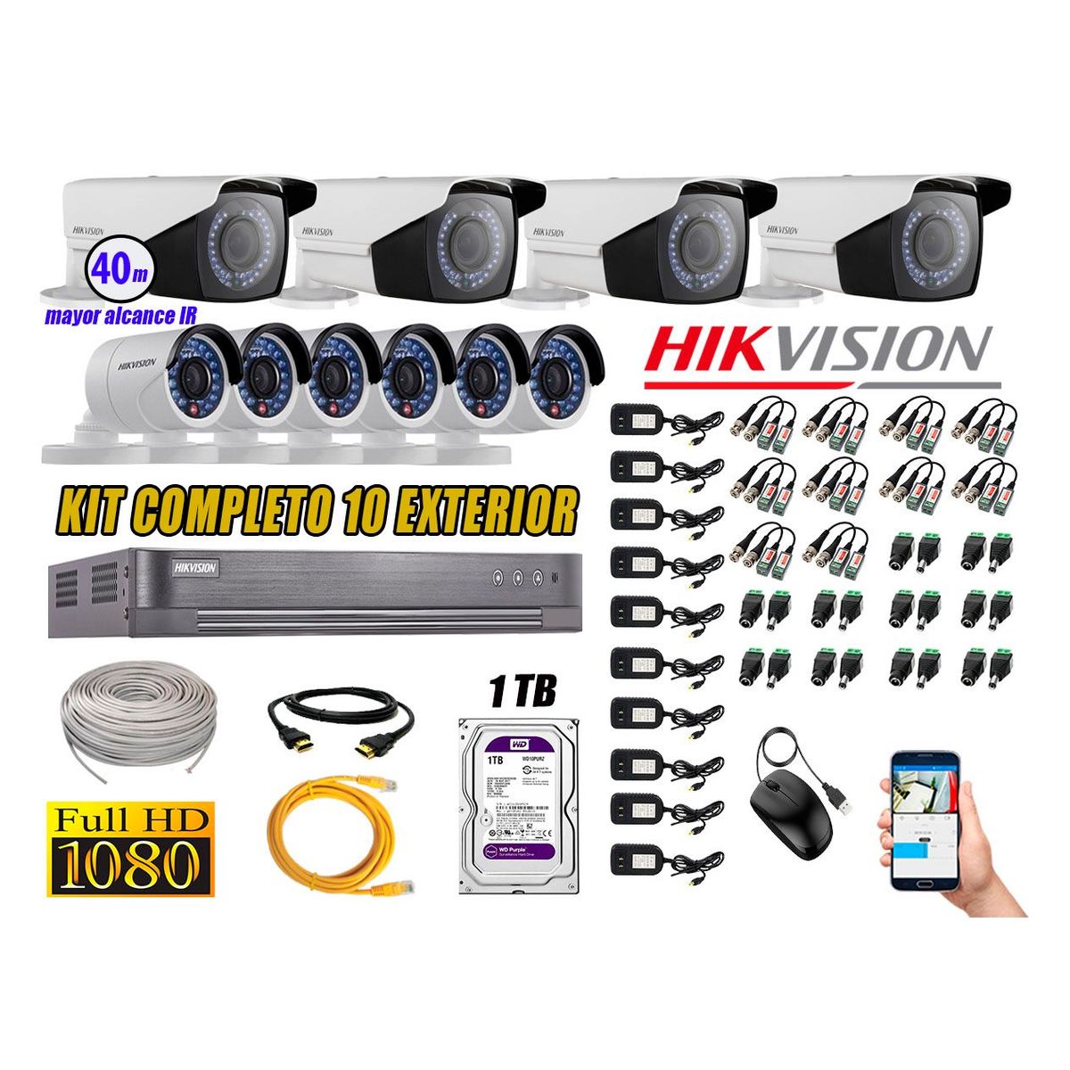 HIKVISION - Cámaras de Seguridad Exterior Varifocal Kit 10 Full HD 1080P + Disco 1TB WD CCTV KIT10-FHD-V2-F108