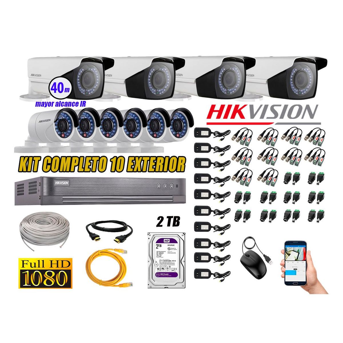 HIKVISION - Cámaras de Seguridad Exterior Varifocal Kit 10 Full HD 1080P + Disco 2TB WD CCTV P2P KIT10-FHD