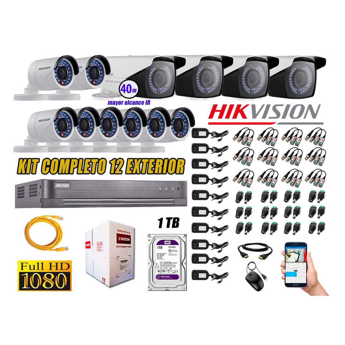 HIKVISION - Cámaras de Seguridad Exterior Varifocal Kit 12 Full HD 1080P + Disco 1TB WD CCTV KIT12-FHD-V2-F110