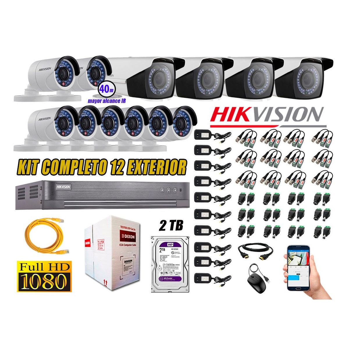 HIKVISION - Cámaras de Seguridad Exterior Varifocal Kit 12 Full HD 1080P + Disco 2TB WD CCTV P2P KIT12-FHD
