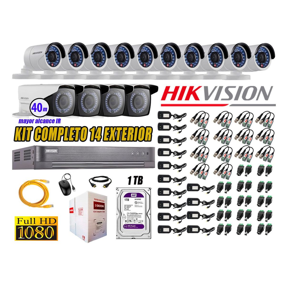 HIKVISION - Cámaras de Seguridad Exterior Varifocal Kit 14 Full HD 1080P + Disco 1TB WD CCTV KIT14-FHD-V2-F112