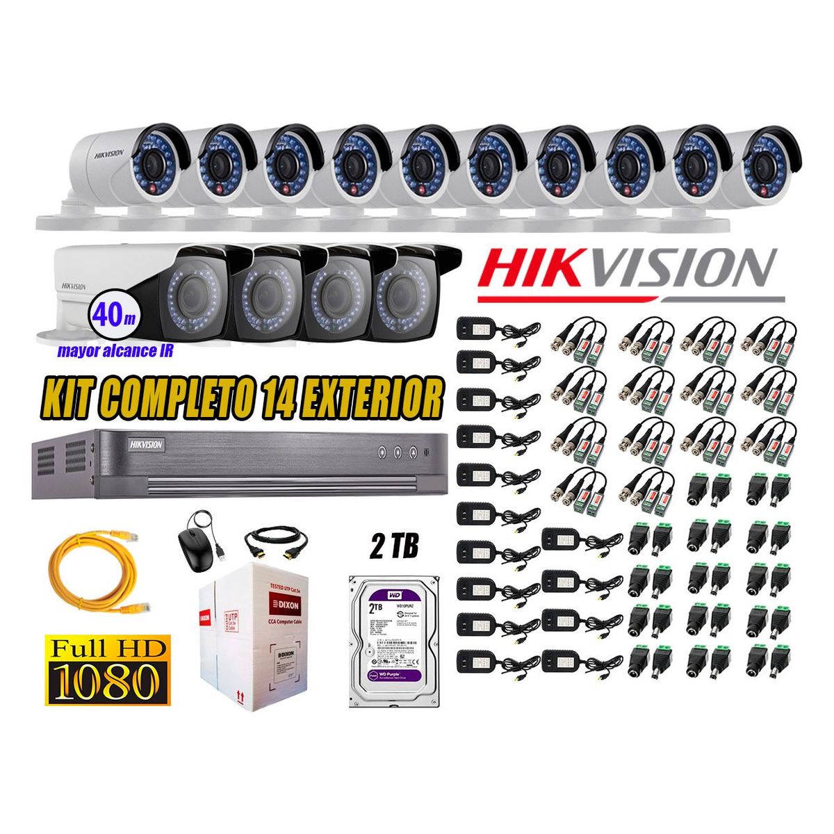 HIKVISION - Cámaras de Seguridad Exterior Varifocal Kit 14 Full HD 1080P + Disco 2TB WD CCTV P2P KIT14-FHD