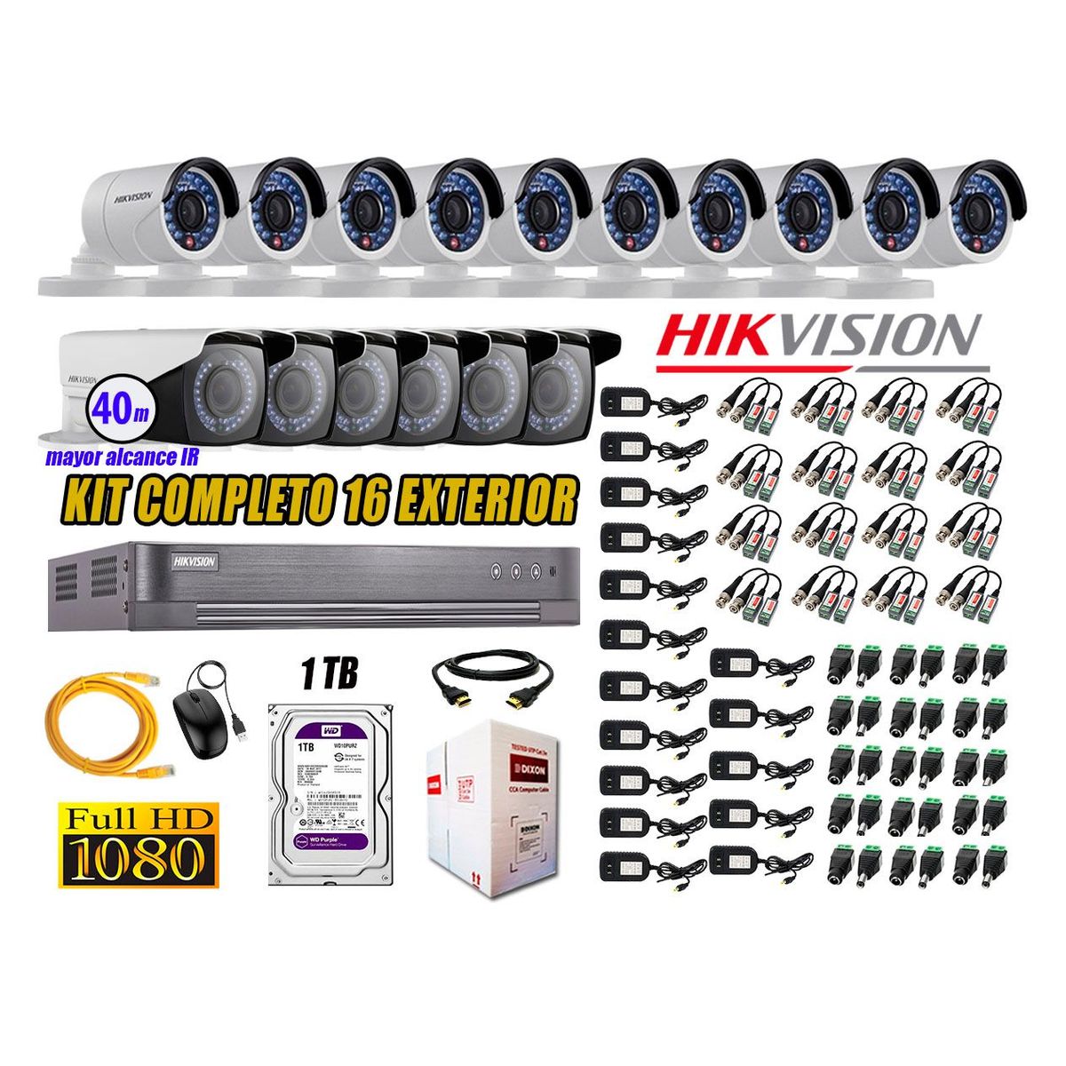 HIKVISION - Cámaras de Seguridad Exterior Varifocal Kit 16 Full HD 1080P + Disco 1TB WD CCTV KIT16-FHD-V2-F114
