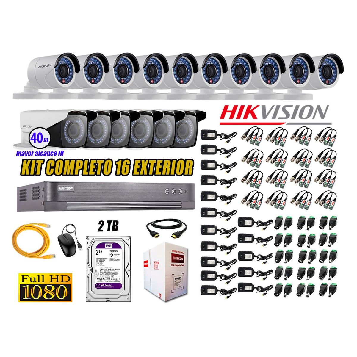 HIKVISION - Cámaras de Seguridad Exterior Varifocal Kit 16 Full HD 1080P + Disco 2TB WD CCTV P2P KIT16-FHD