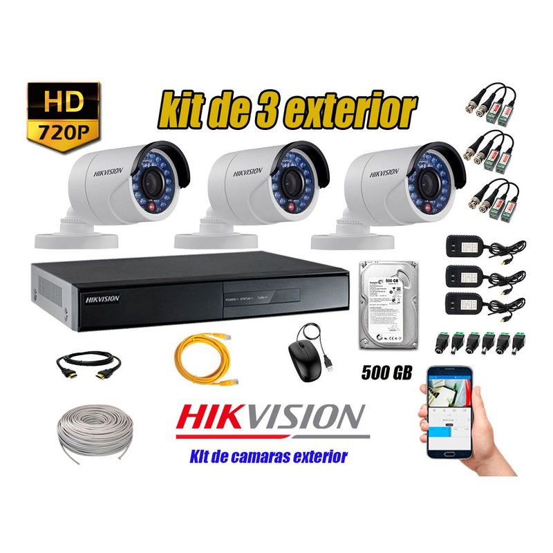 HIKVISION - Cámaras de Seguridad Exterior Kit 3 HD 720P + Disco 500GB