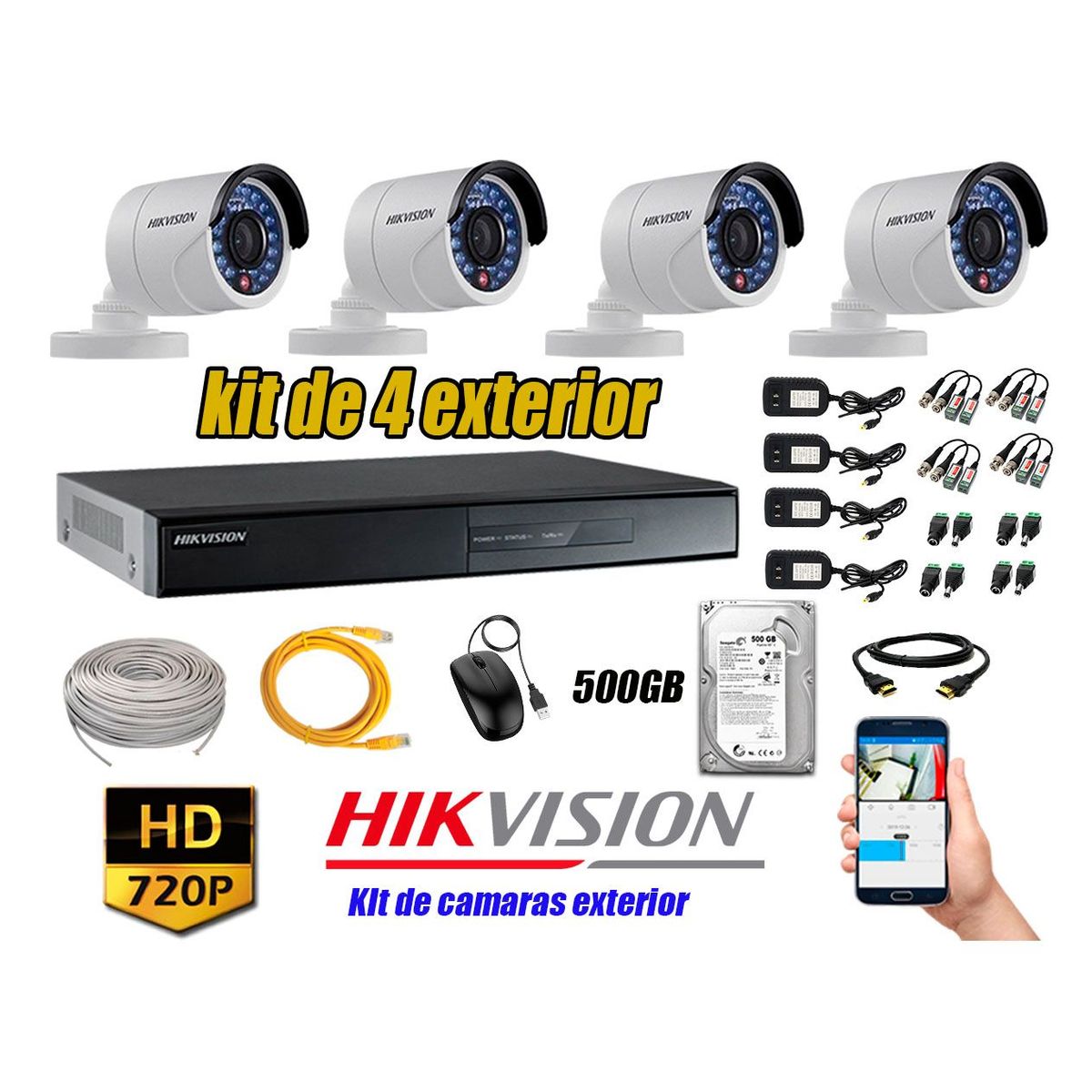 HIKVISION - Cámaras de Seguridad Exterior Kit 4 HD 720P + Disco 500GB