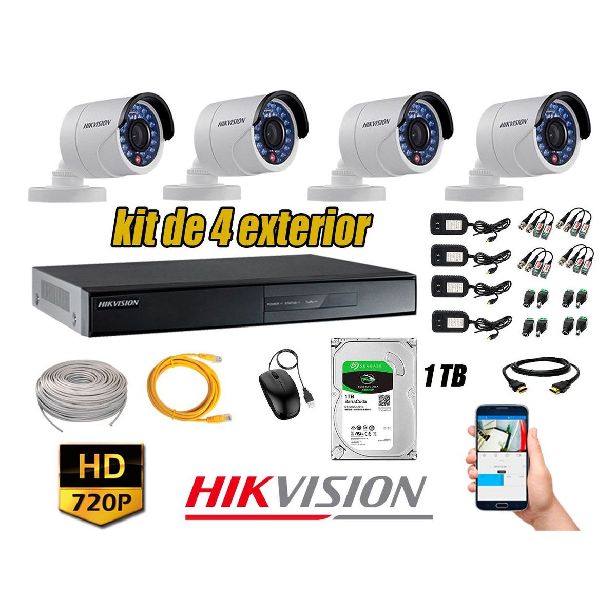 HIKVISION - Cámaras de Seguridad Exterior Kit 4 HD 720P + Disco 1TB WD CCTV P2P