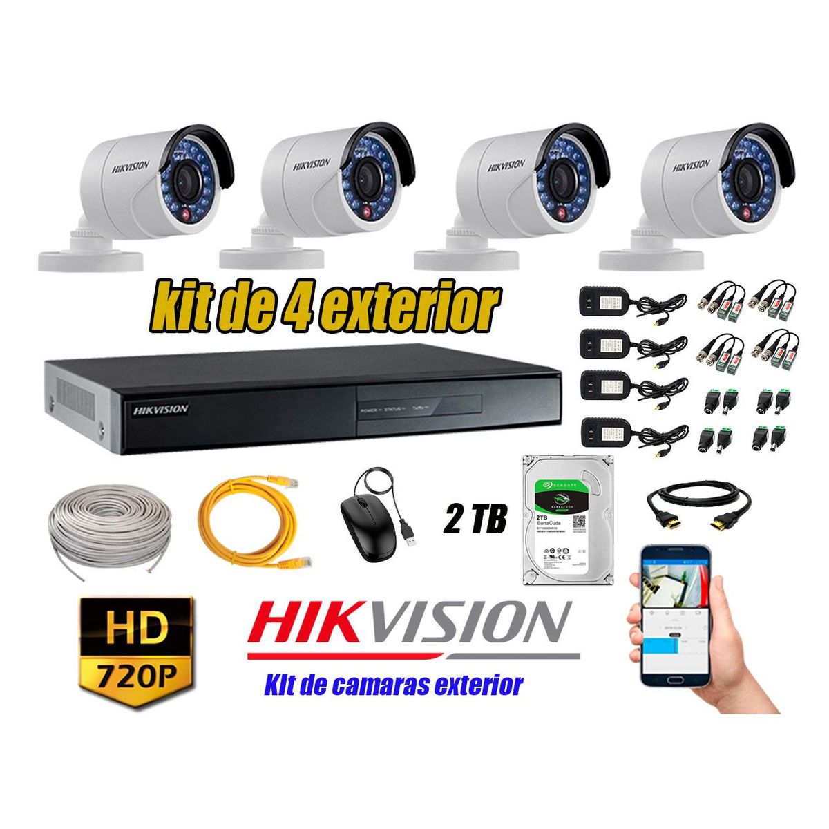 HIKVISION - Cámaras de Seguridad Exterior Kit 4 HD 720P + Disco 2TB WD CCTV