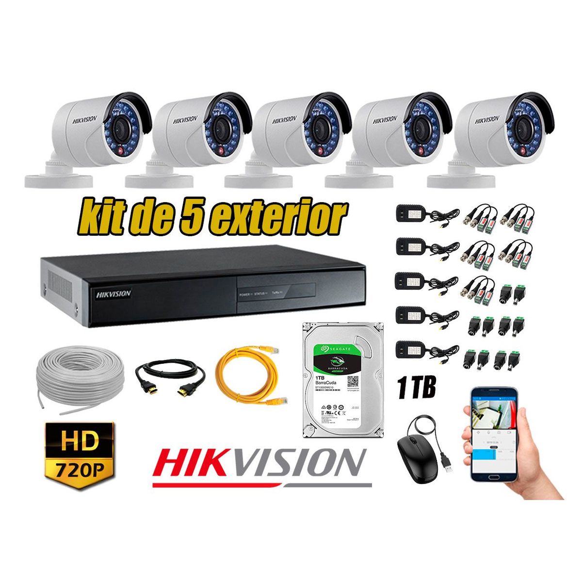 HIKVISION - Cámaras de Seguridad Exterior Kit 5 HD 720P + Disco 1TB WD CCTV P2P
