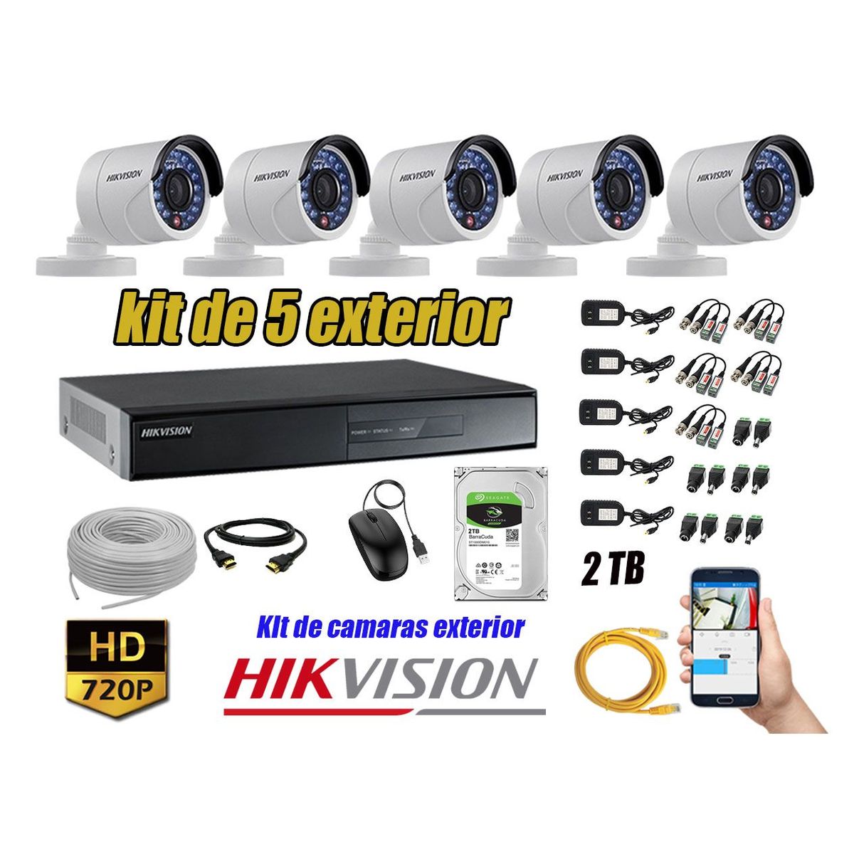 HIKVISION - Cámaras de Seguridad Exterior Kit 5 HD 720P + Disco 2TB WD CCTV