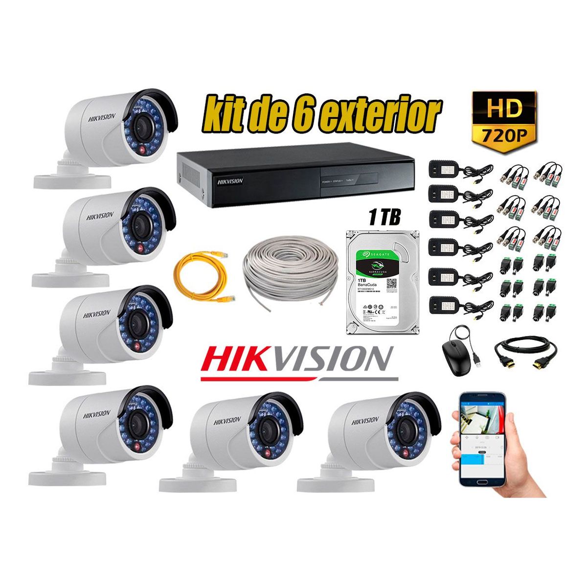 HIKVISION - Cámaras de Seguridad Exterior Kit 6 HD 720P + Disco 1TB WD CCTV P2P