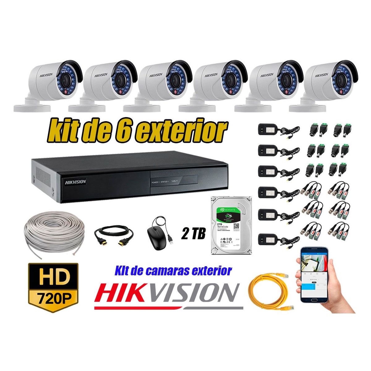 HIKVISION - Cámaras de Seguridad Exterior Kit 6 HD 720P + Disco 2TB WD CCTV
