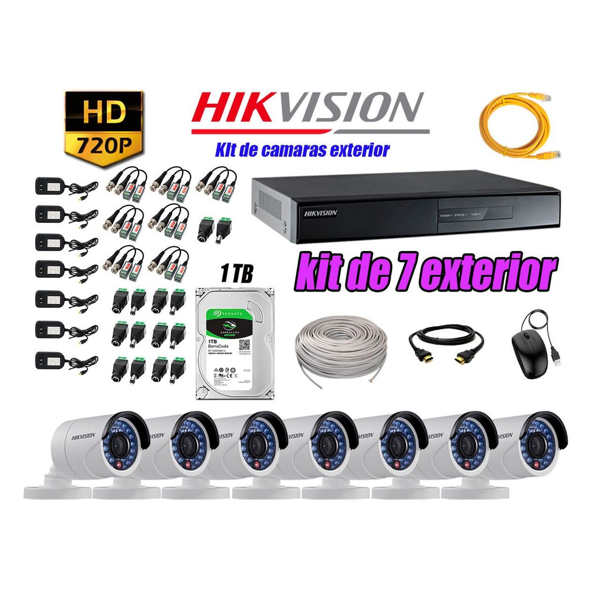 HIKVISION - Cámaras de Seguridad Exterior Kit 7 HD 720P + Disco 1TB WD CCTV P2P