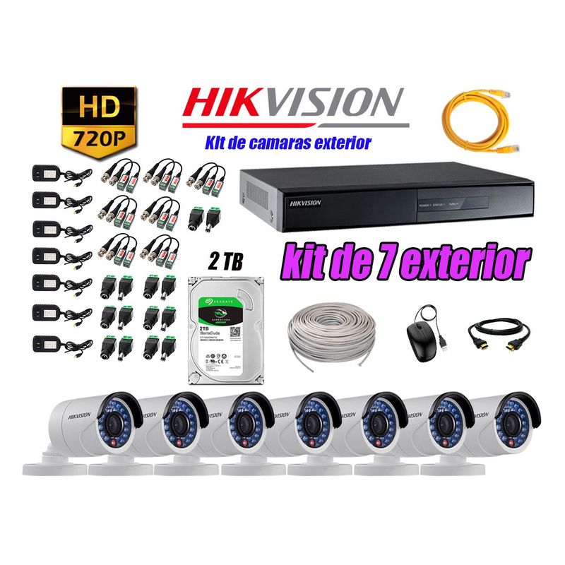 HIKVISION - Cámaras de Seguridad Exterior Kit 7 HD 720P + Disco 2TB WD CCTV