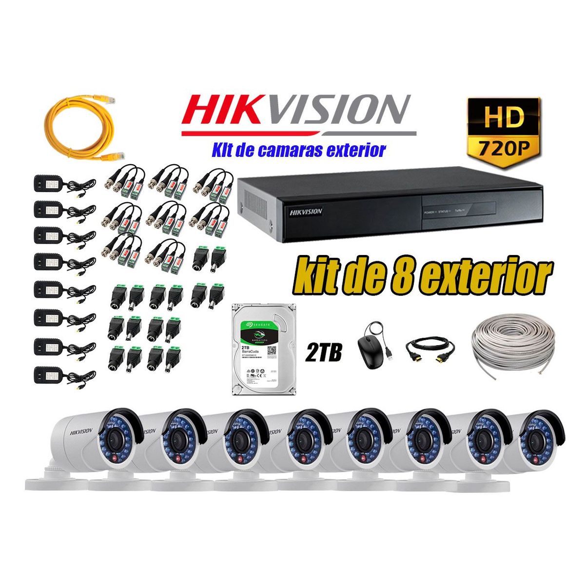HIKVISION - Cámaras de Seguridad Exterior Kit 8 HD 720P + Disco 2TB WD CCTV