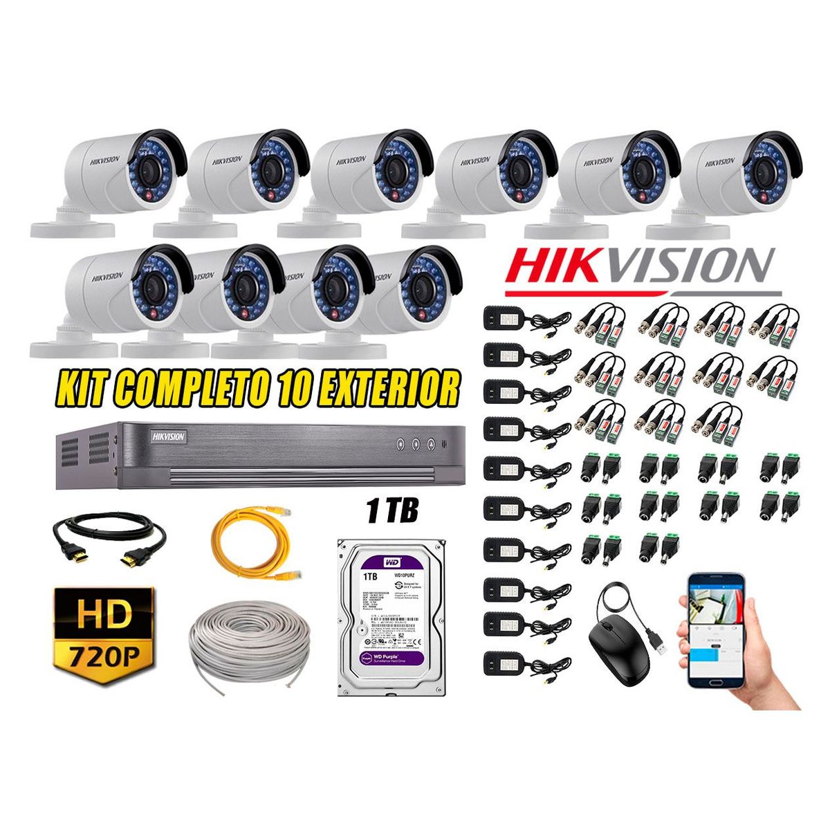 HIKVISION - Cámaras de Seguridad Exterior Kit 10 HD 720P + Disco 1TB WD CCTV P2P