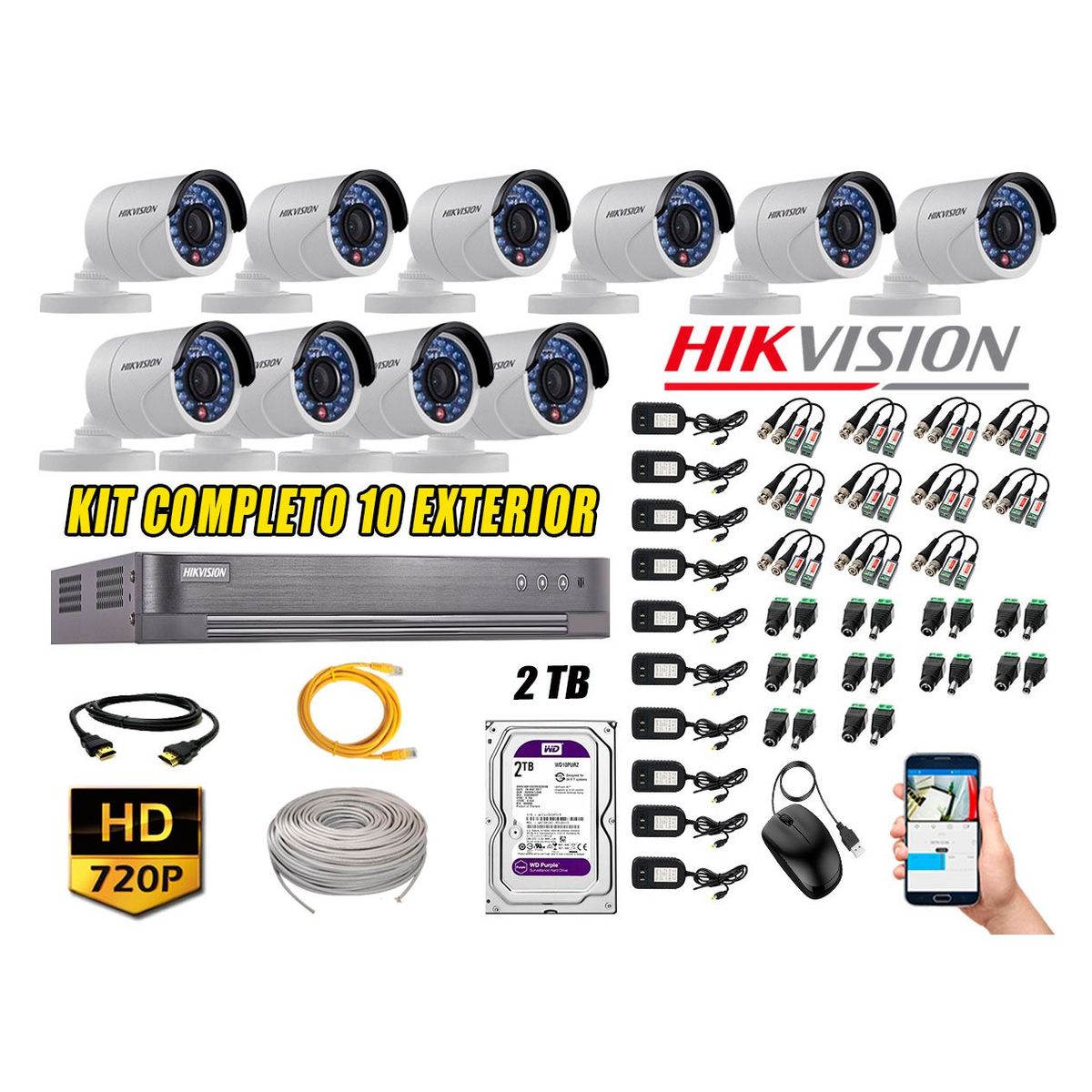 HIKVISION - Cámaras de Seguridad Exterior Kit 10 HD 720P + Disco 2TB WD CCTV