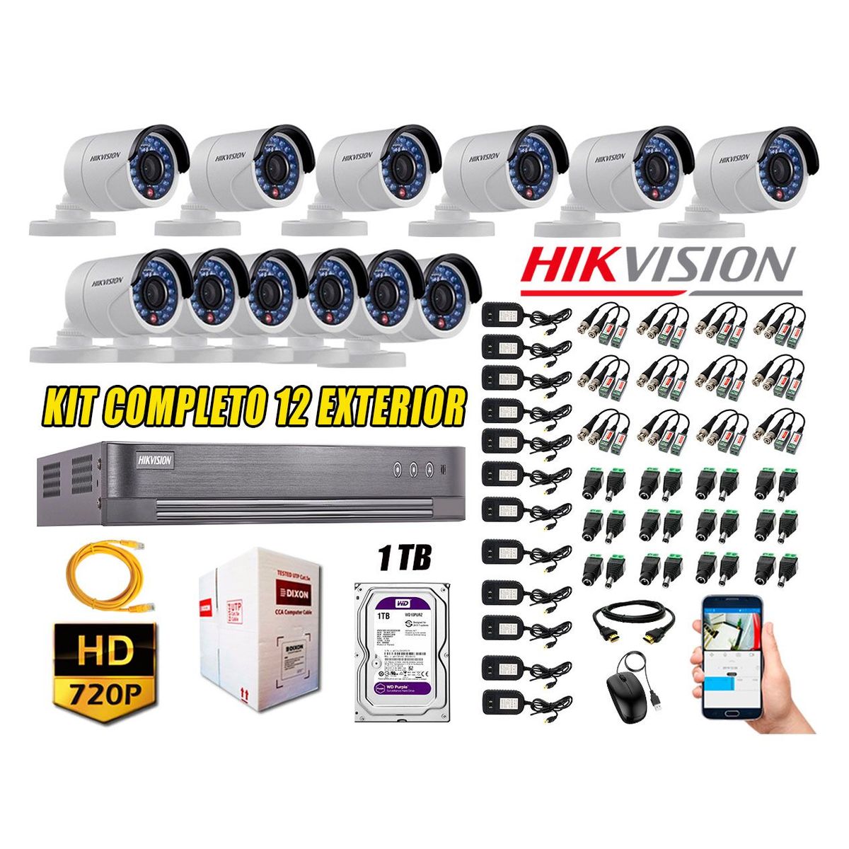 HIKVISION - Cámaras de Seguridad Exterior Kit 12 HD 720P + Disco 1TB WD CCTV P2P