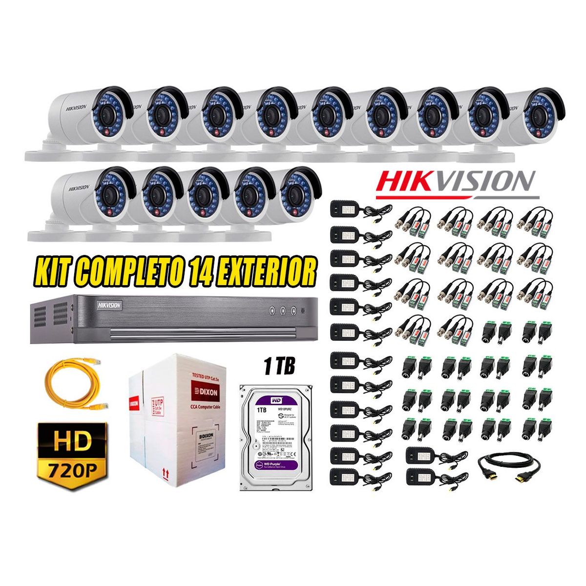 HIKVISION - Cámaras de Seguridad Exterior Kit 14 HD 720P + Disco 1TB WD CCTV P2P