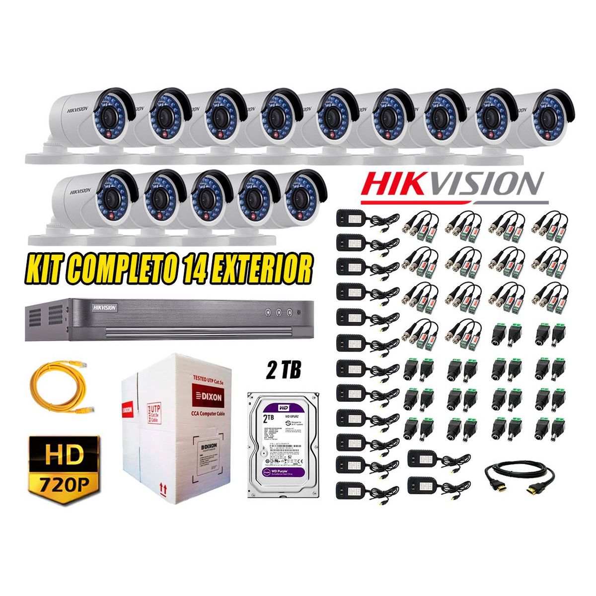 HIKVISION - Cámaras de Seguridad Exterior Kit 14 HD 720P + Disco 2TB WD CCTV
