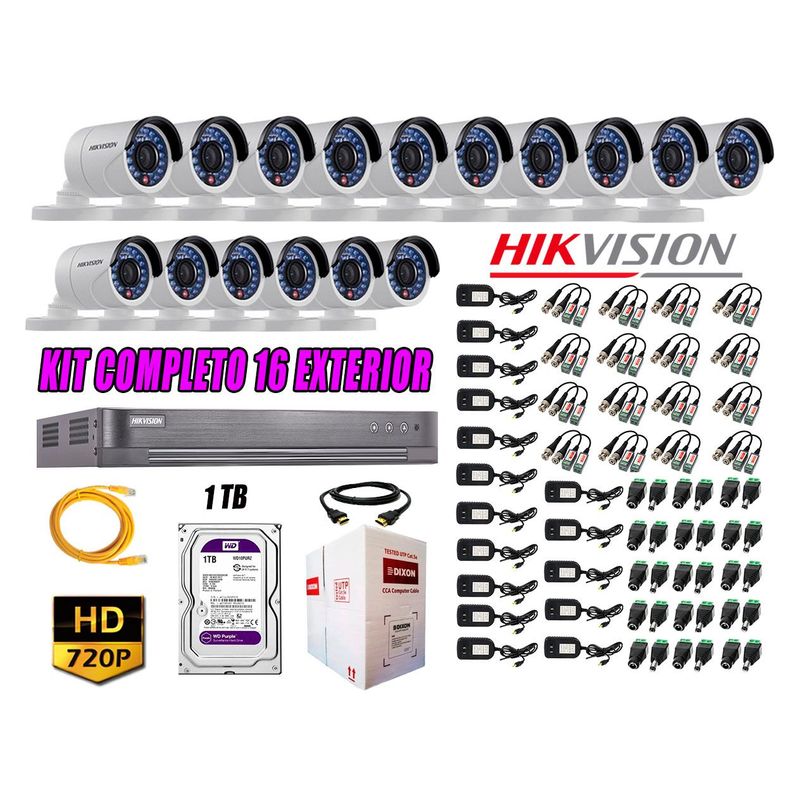HIKVISION - Cámaras de Seguridad Exterior Kit 16 HD 720P + Disco 1TB WD CCTV P2P
