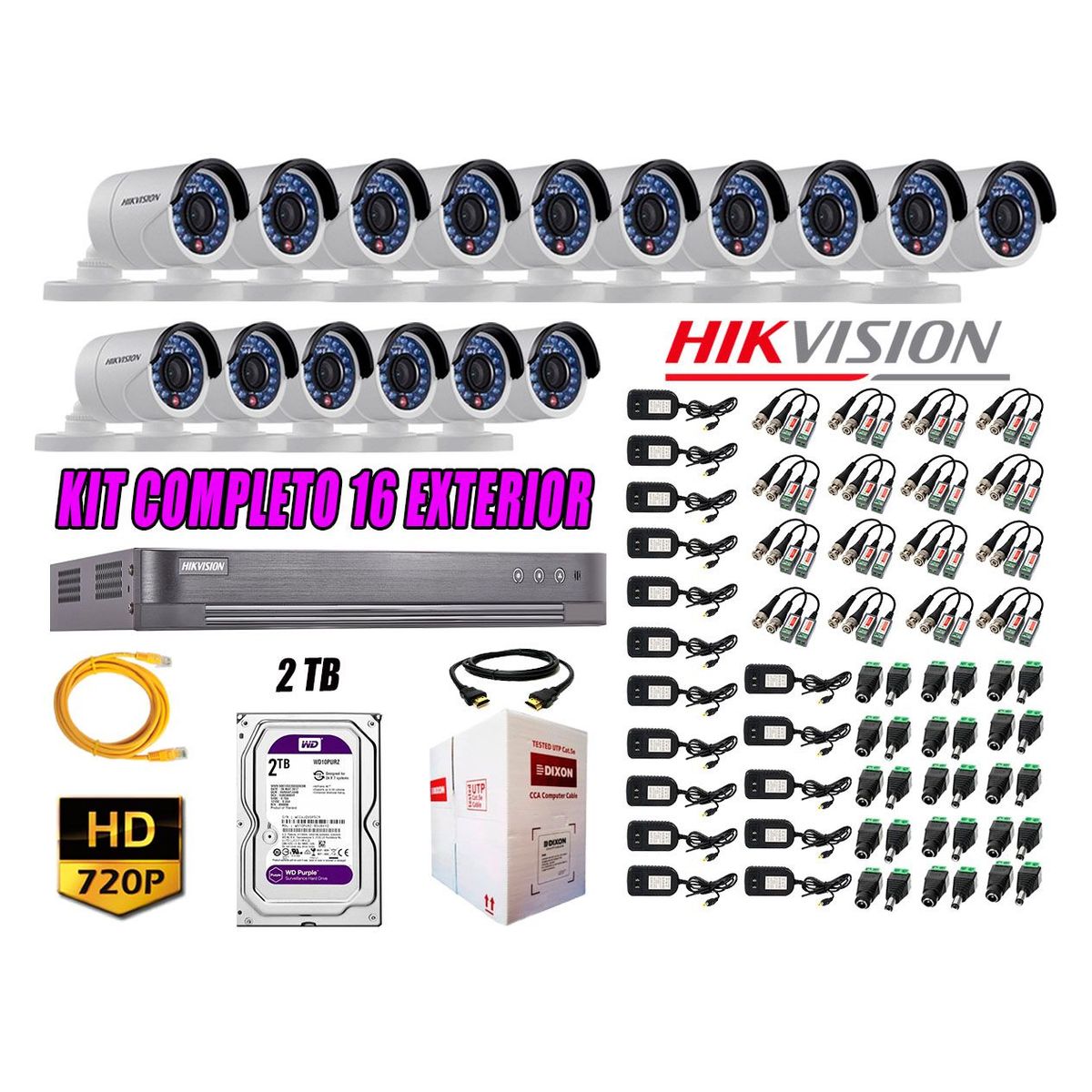 Cámaras de Seguridad Exterior Kit 16 HD 720P + Disco 2TB WD CCTV, marca Hikvision - Foto Principal