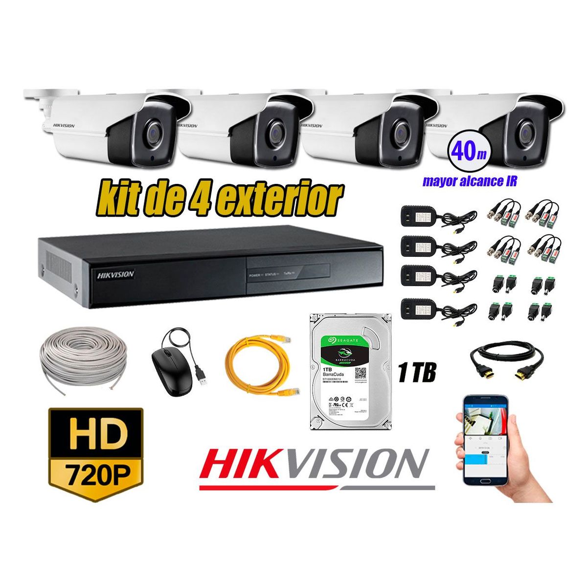 HIKVISION - Cámaras de Seguridad Exterior It3F Kit 4 HD 720P + Disco 1TB WD CCTV