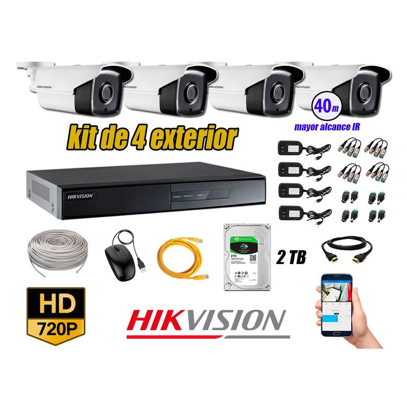 HIKVISION - Cámaras de Seguridad Exterior It3F Kit 4 HD 720P + Disco 2TB WD CCTV P2P