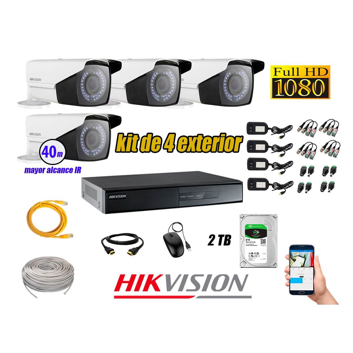 HIKVISION - Cámaras de Seguridad Exterior Varifocal Kit 4 Full HD 1080P + Disco 2TB WD CCTV P2P KIT04-FHD