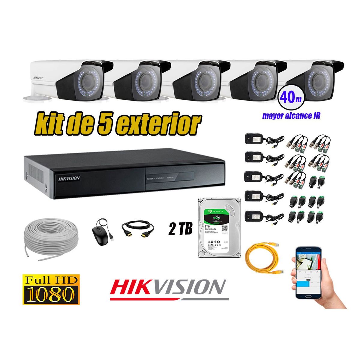 HIKVISION - Cámaras de Seguridad Exterior Varifocal Kit 5 Full HD 1080P + Disco 2TB WD CCTV P2P KIT05-FHD
