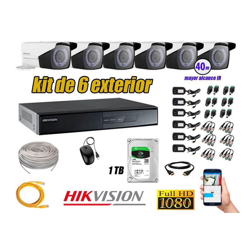 HIKVISION - Cámaras de Seguridad Exterior Varifocal Kit 6 Full HD 1080P + Disco 1TB WD CCTV KIT06-FHD-VF-F056