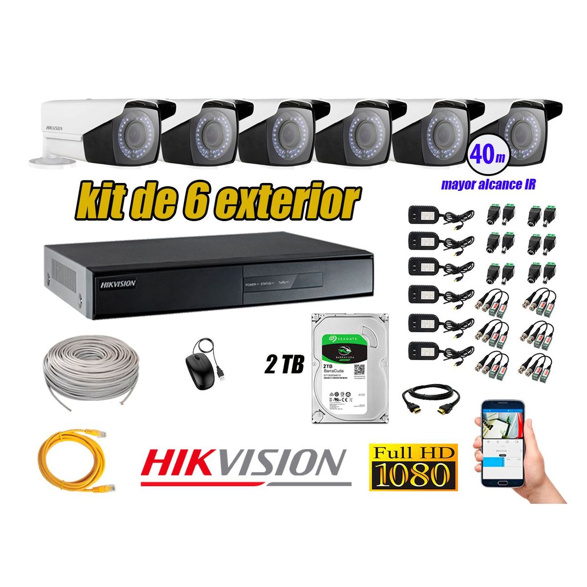 HIKVISION - Cámaras de Seguridad Ext. Varifocal Kit 6 Full HD 1080P + Disco 2TB CCTV P2P