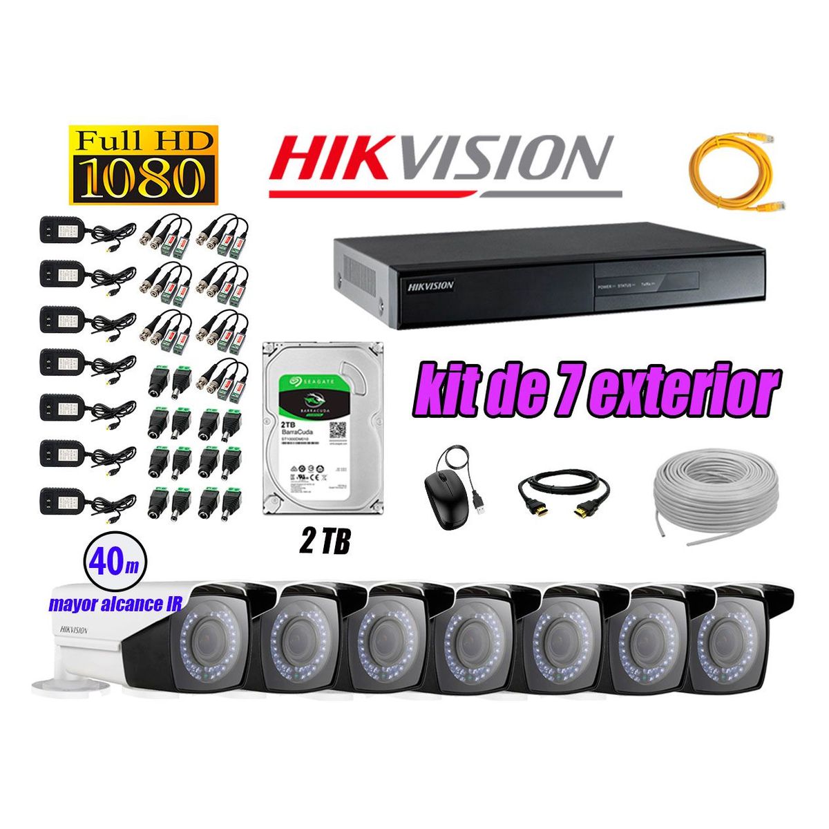 HIKVISION - Cámaras de Seguridad Ext. Varifocal Kit 7 Full HD 1080P + Disco 2TB CCTV P2P