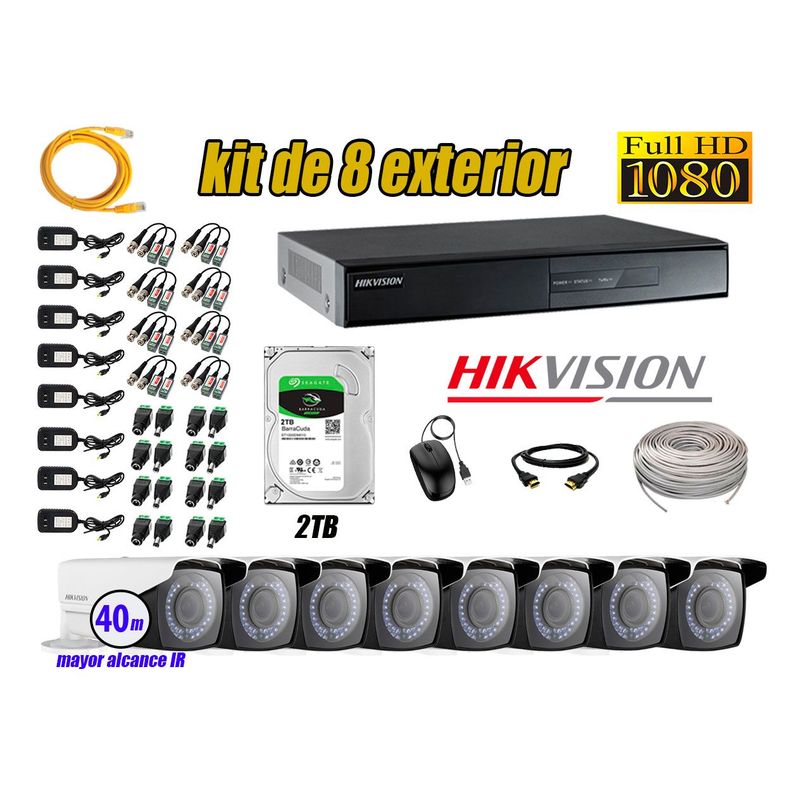 HIKVISION - Cámaras de Seguridad Ext. Varifocal Kit 8 Full HD 1080P + Disco 2TB CCTV P2P